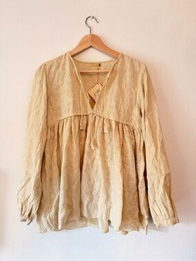 Matta Cream Tie-Front Embroidered Yamini  Peasant Tunic Blouse